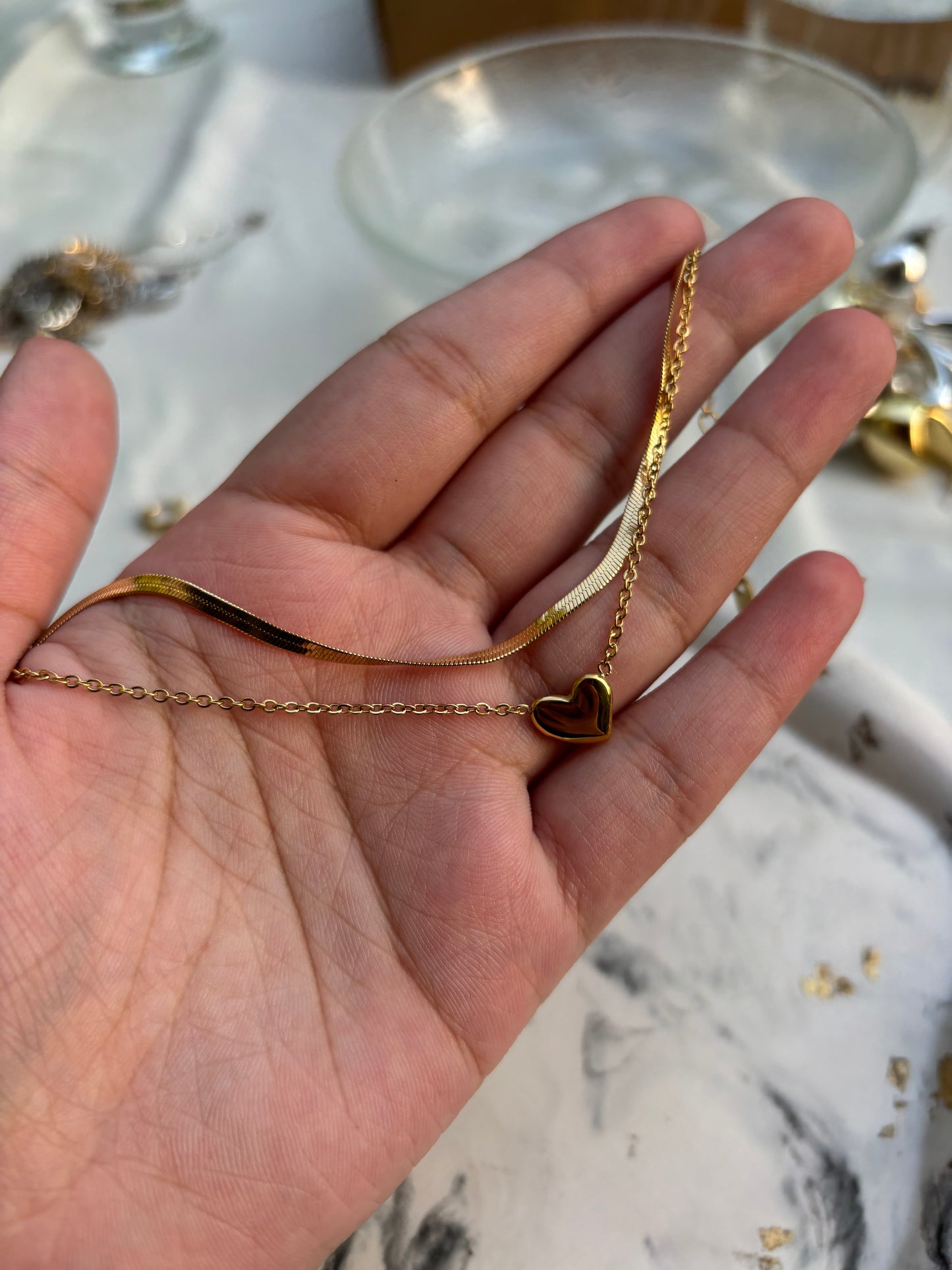 Double Layer Gold Heart and Snake Chain Bracelet